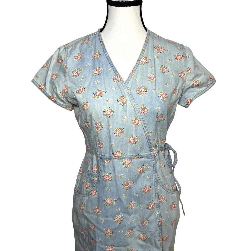 VTG Floral Denim Wrap Midi Dress SP 90s‎ Cottagecore Prairie Boho Ditsy Country - Picture 3 of 10